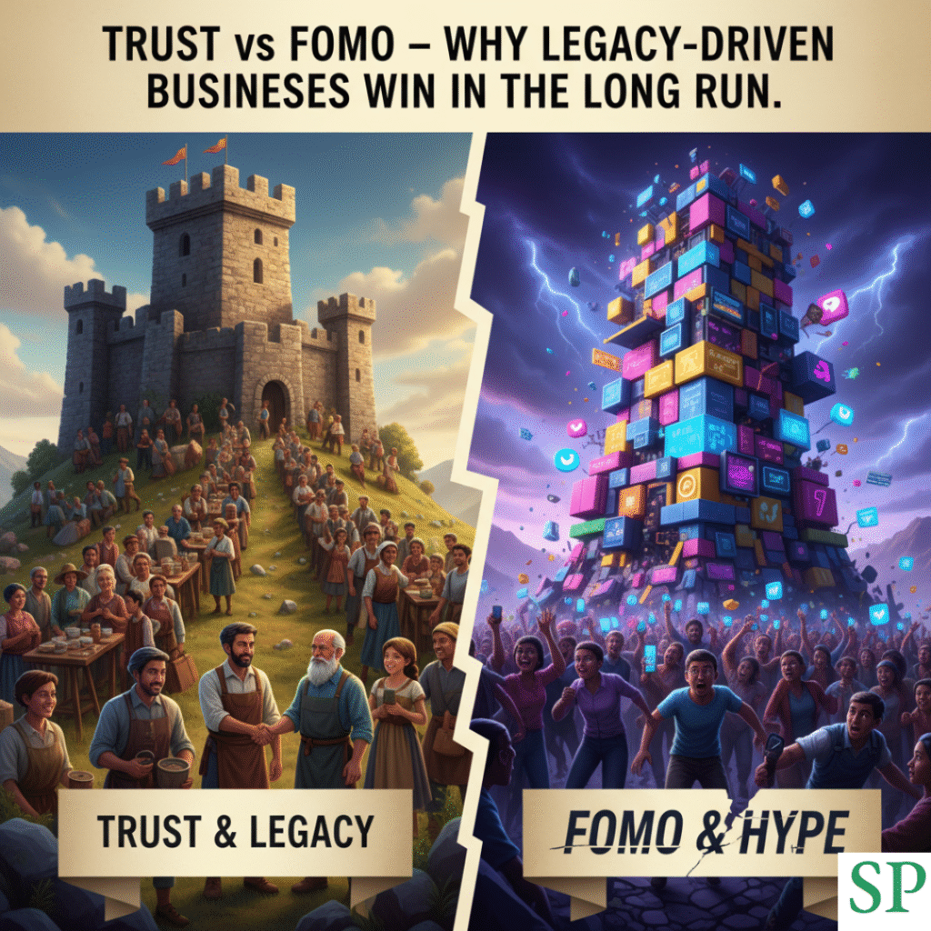 Illustration comparing two business models: trust and legacy shown as a strong castle with happy people, versus FOMO and hype shown as a chaotic digital tower with a stressed crowd.